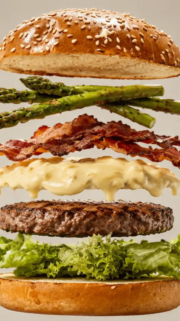 Ein Burger, der sich Schicht für Schicht aufbaut