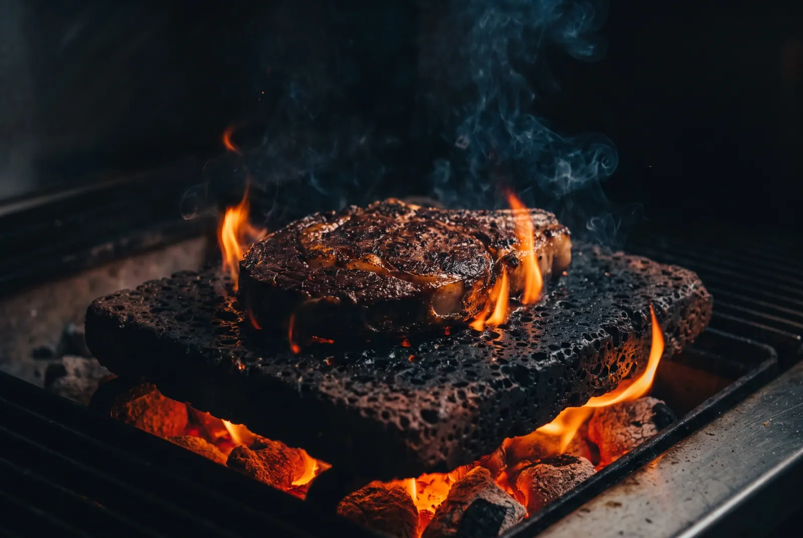 Steak auf dem glühenden Lava-Grill