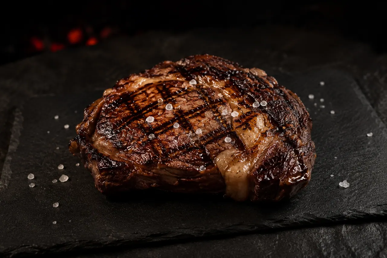 Rib Eye Steak vom Lava-Grill auf schwarzem Schiefer