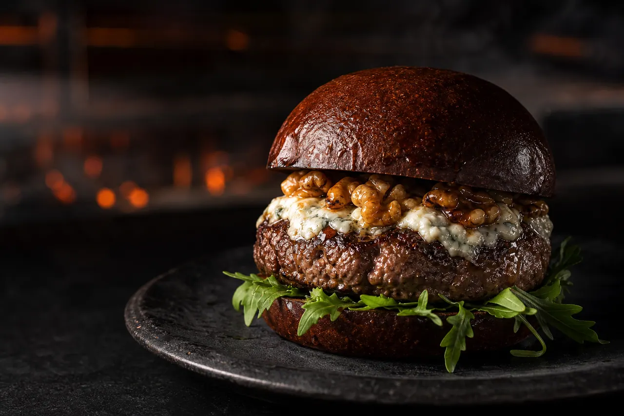Blue Print Burger mit Dry-Age-Patty, Blauschimmelkäse, Walnüssen und Rucola