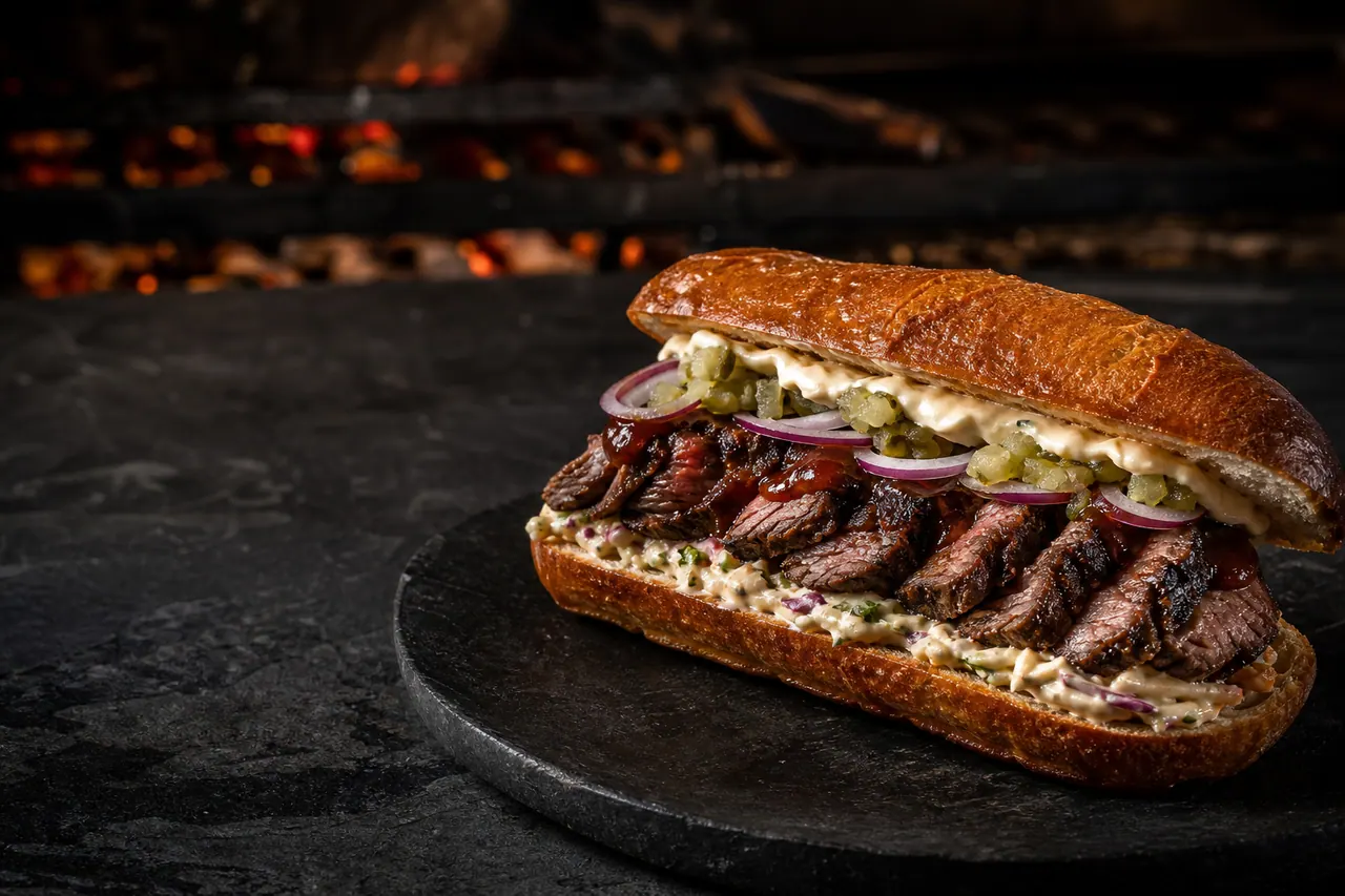Steakhouse Sandwich mit aufgeschnittenem Dry-Age-Beef und roten Zwiebeln