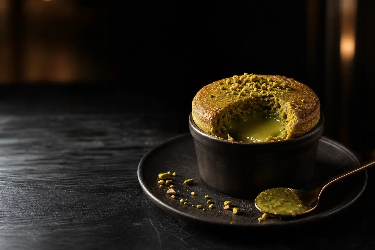Warmes Pistazien-Soufflé mit flüssigem Kern