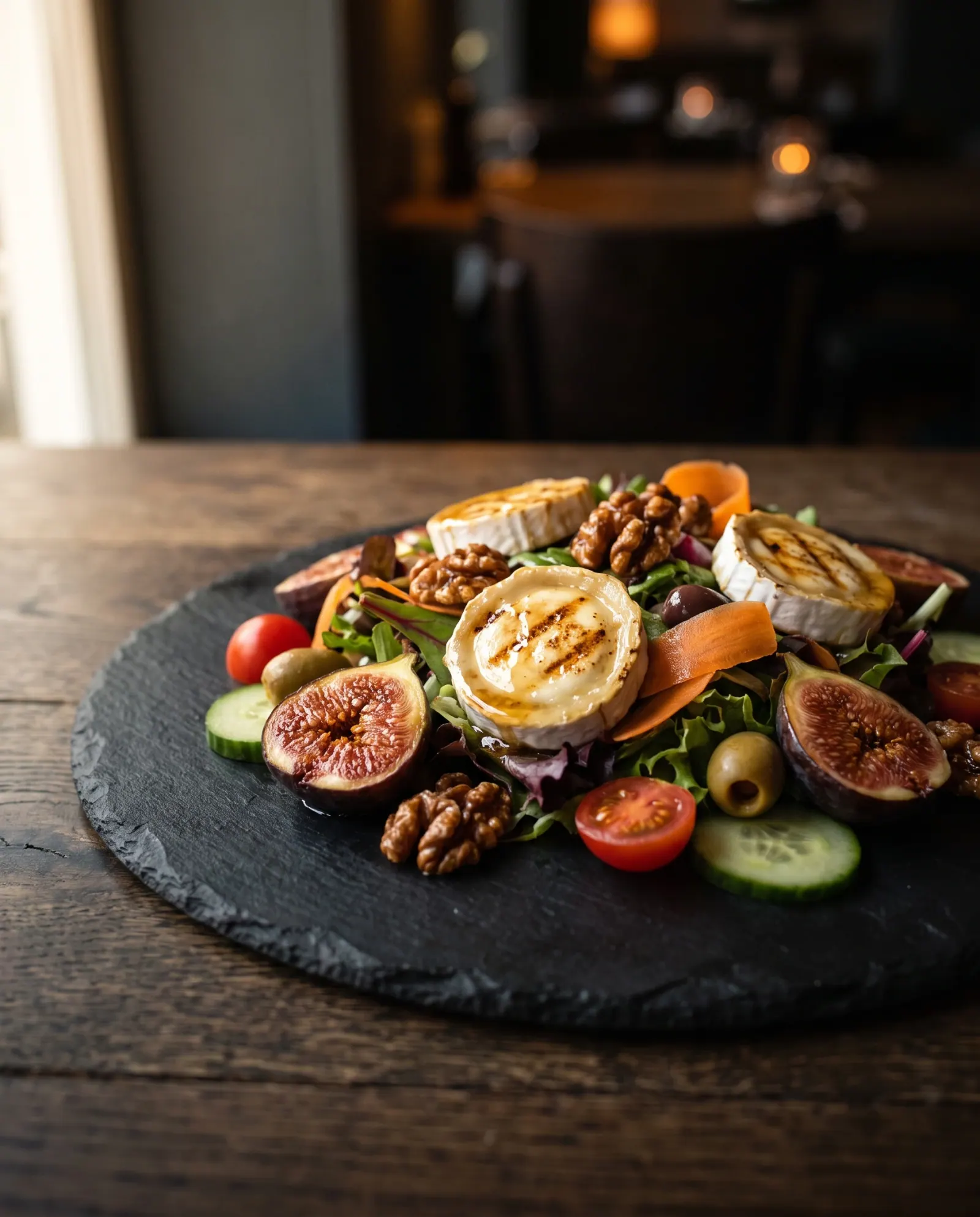 Salat mit gegrilltem Ziegenkäse, Feigen und Walnüssen