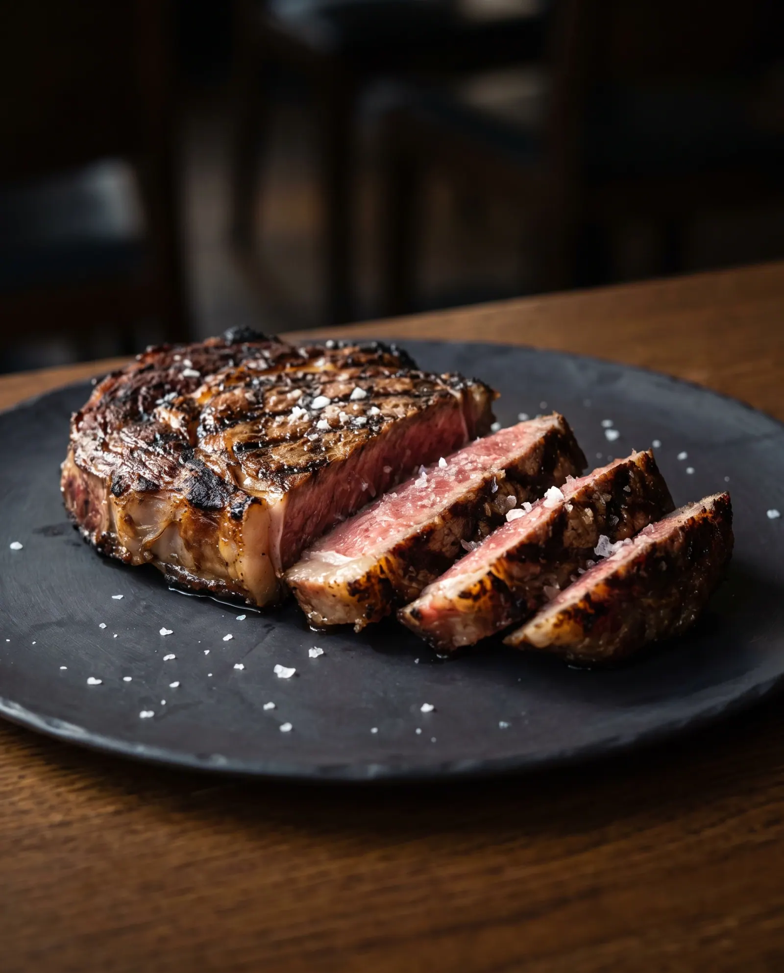 Aufgeschnittenes Rib Eye Steak auf dunklem Schieferteller